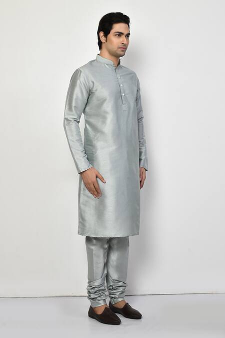 Buy_Arihant Rai Sinha_Grey Silk, Cotton Plain Long Metallic Kurta Set 