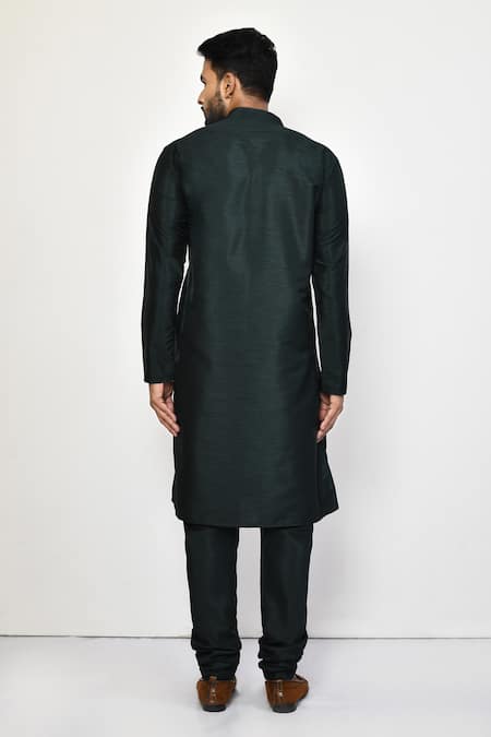 Shop_Arihant Rai Sinha_Green Silk, Cotton Plain Long Dark Kurta Set _at_Aza_Fashions