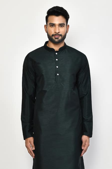 Buy_Arihant Rai Sinha_Green Silk, Cotton Plain Long Dark Kurta Set _Online_at_Aza_Fashions