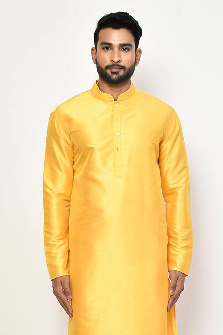 Buy_Arihant Rai Sinha_Yellow Silk, Cotton Bright Plain Straight Kurta Set _Online_at_Aza_Fashions
