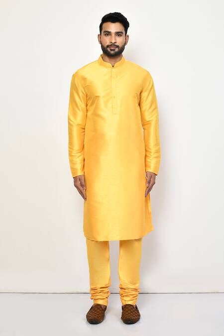 Shop_Arihant Rai Sinha_Yellow Silk, Cotton Bright Plain Straight Kurta Set _Online_at_Aza_Fashions