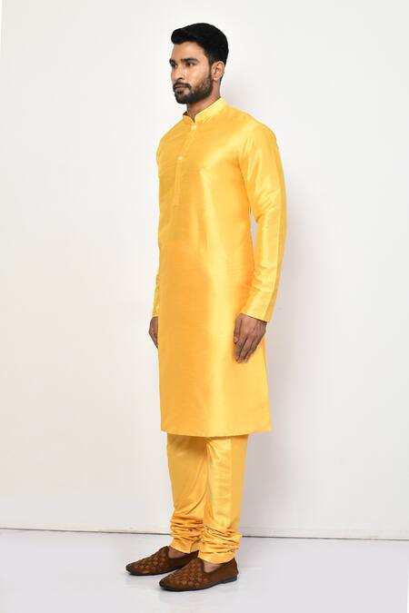 Arihant Rai Sinha_Yellow Silk, Cotton Bright Plain Straight Kurta Set _at_Aza_Fashions