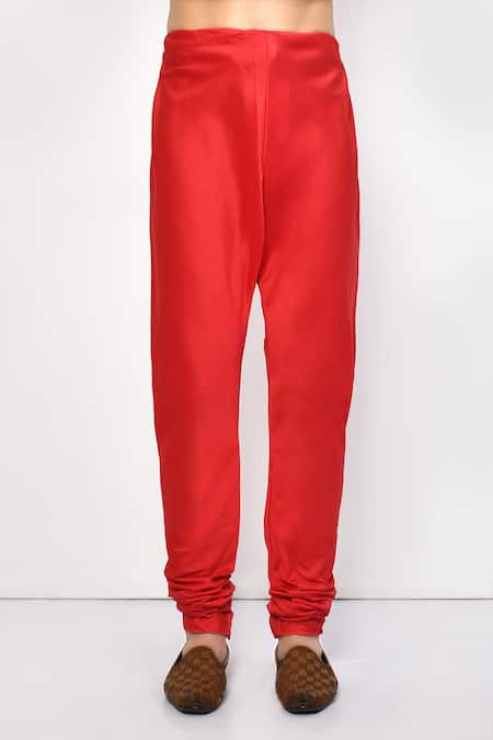 Arihant Rai Sinha_Red Silk, Cotton Straight Mandarin Collar Kurta Set _Online_at_Aza_Fashions