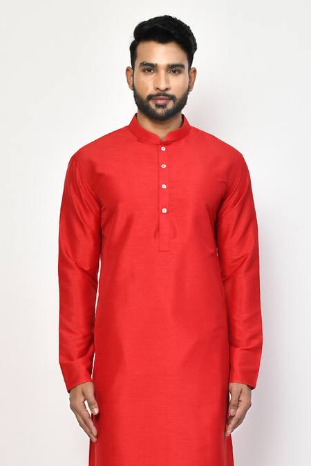 Buy_Arihant Rai Sinha_Red Silk, Cotton Straight Mandarin Collar Kurta Set _Online_at_Aza_Fashions