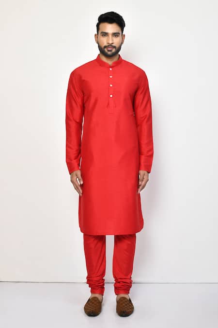 Shop_Arihant Rai Sinha_Red Silk, Cotton Straight Mandarin Collar Kurta Set _Online_at_Aza_Fashions