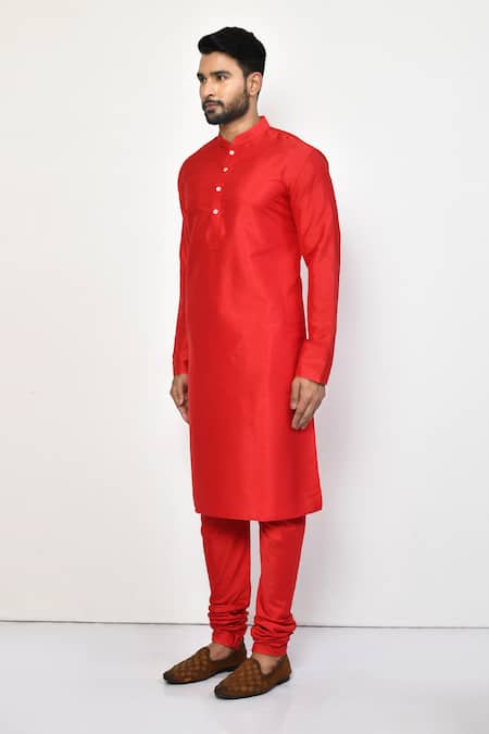 Arihant Rai Sinha_Red Silk, Cotton Straight Mandarin Collar Kurta Set _at_Aza_Fashions