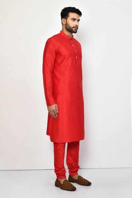 Buy_Arihant Rai Sinha_Red Silk, Cotton Straight Mandarin Collar Kurta Set 
