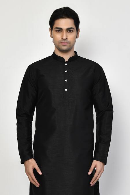 Buy_Arihant Rai Sinha_Black Silk, Cotton Straight Long Kurta Set _Online_at_Aza_Fashions