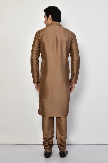 Shop_Arihant Rai Sinha_Brown Silk, Cotton Straight Long Mandarin Collar Kurta Set _at_Aza_Fashions