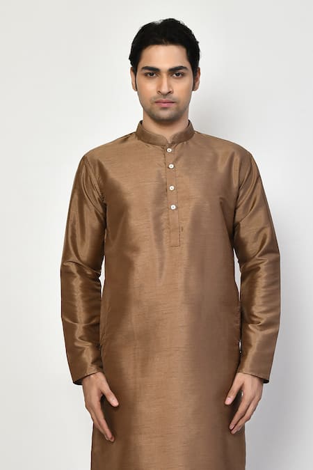 Buy_Arihant Rai Sinha_Brown Silk, Cotton Straight Long Mandarin Collar Kurta Set _Online_at_Aza_Fashions