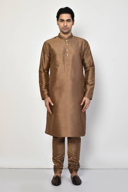 Shop_Arihant Rai Sinha_Brown Silk, Cotton Straight Long Mandarin Collar Kurta Set _Online_at_Aza_Fashions
