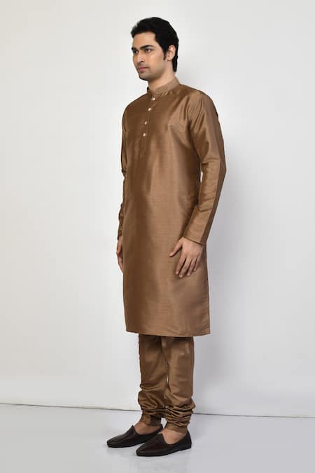 Arihant Rai Sinha_Brown Silk, Cotton Straight Long Mandarin Collar Kurta Set _at_Aza_Fashions