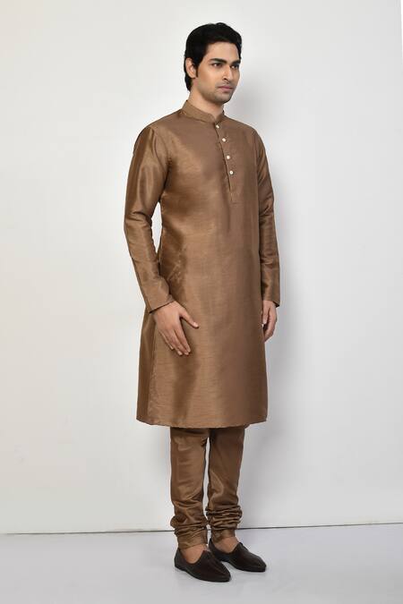 Buy_Arihant Rai Sinha_Brown Silk, Cotton Straight Long Mandarin Collar Kurta Set 