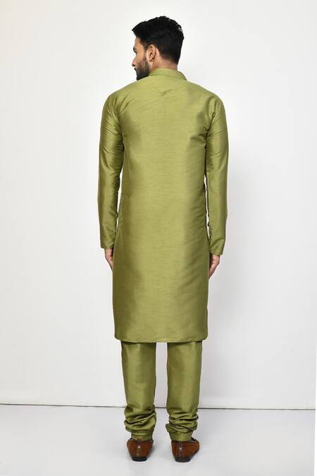 Shop_Arihant Rai Sinha_Green Silk, Cotton Mandarin Collar Straight Kurta Set _at_Aza_Fashions