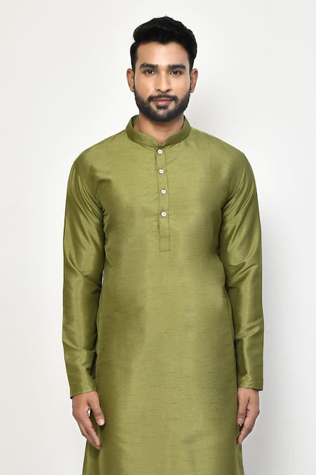 Buy_Arihant Rai Sinha_Green Silk, Cotton Mandarin Collar Straight Kurta Set _Online_at_Aza_Fashions