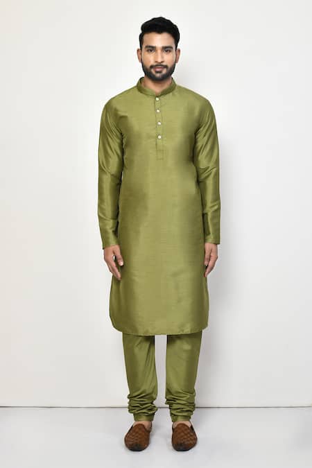 Shop_Arihant Rai Sinha_Green Silk, Cotton Mandarin Collar Straight Kurta Set _Online_at_Aza_Fashions