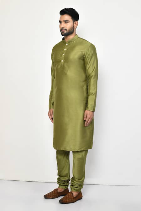 Arihant Rai Sinha_Green Silk, Cotton Mandarin Collar Straight Kurta Set _at_Aza_Fashions