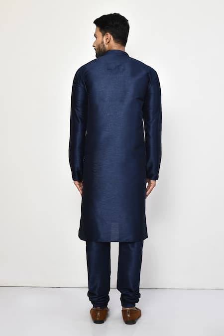 Shop_Arihant Rai Sinha_Blue Silk, Cotton Mandarin Collar Dark Kurta Set _at_Aza_Fashions