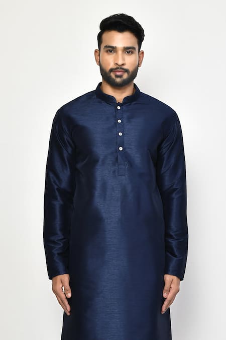 Buy_Arihant Rai Sinha_Blue Silk, Cotton Mandarin Collar Dark Kurta Set _Online_at_Aza_Fashions