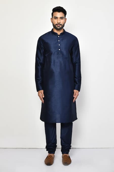 Shop_Arihant Rai Sinha_Blue Silk, Cotton Mandarin Collar Dark Kurta Set _Online_at_Aza_Fashions