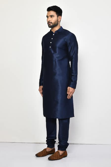 Arihant Rai Sinha_Blue Silk, Cotton Mandarin Collar Dark Kurta Set _at_Aza_Fashions