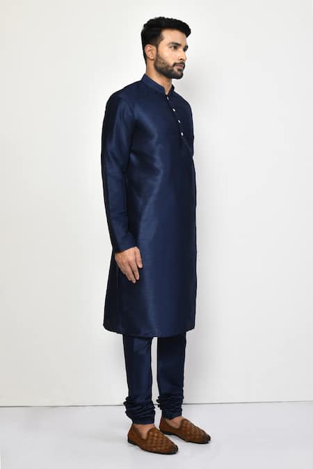 Buy_Arihant Rai Sinha_Blue Silk, Cotton Mandarin Collar Dark Kurta Set 