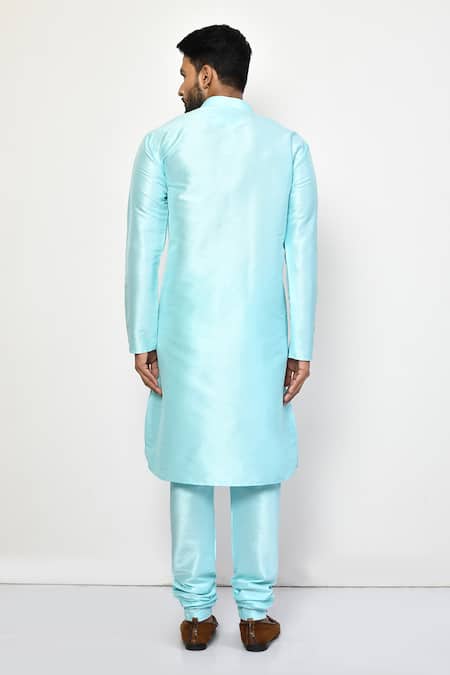 Shop_Arihant Rai Sinha_Sky Blue Silk, Cotton Mandarin Collar Plain Kurta Set _at_Aza_Fashions