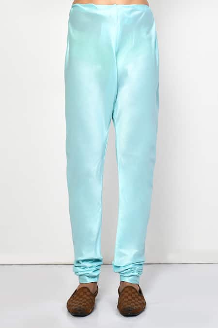 Arihant Rai Sinha_Sky Blue Silk, Cotton Mandarin Collar Plain Kurta Set _Online_at_Aza_Fashions