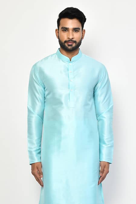 Buy_Arihant Rai Sinha_Sky Blue Silk, Cotton Mandarin Collar Plain Kurta Set _Online_at_Aza_Fashions