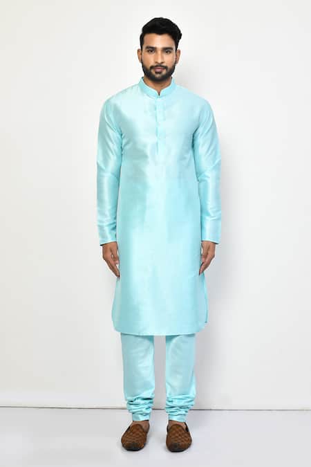 Shop_Arihant Rai Sinha_Sky Blue Silk, Cotton Mandarin Collar Plain Kurta Set _Online_at_Aza_Fashions