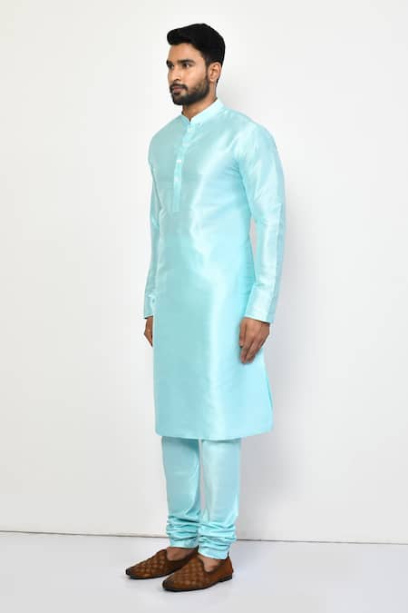 Arihant Rai Sinha_Sky Blue Silk, Cotton Mandarin Collar Plain Kurta Set _at_Aza_Fashions