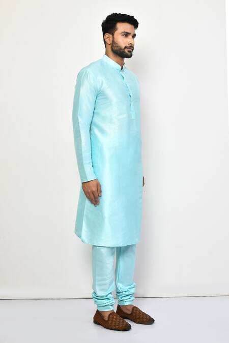 Buy_Arihant Rai Sinha_Sky Blue Silk, Cotton Mandarin Collar Plain Kurta Set 