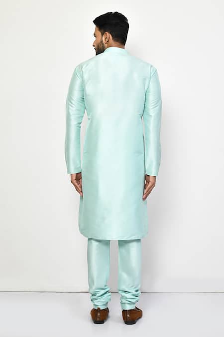 Shop_Arihant Rai Sinha_Sky Blue Silk, Cotton Mandarin Collar Plain Pastel Kurta Set _at_Aza_Fashions