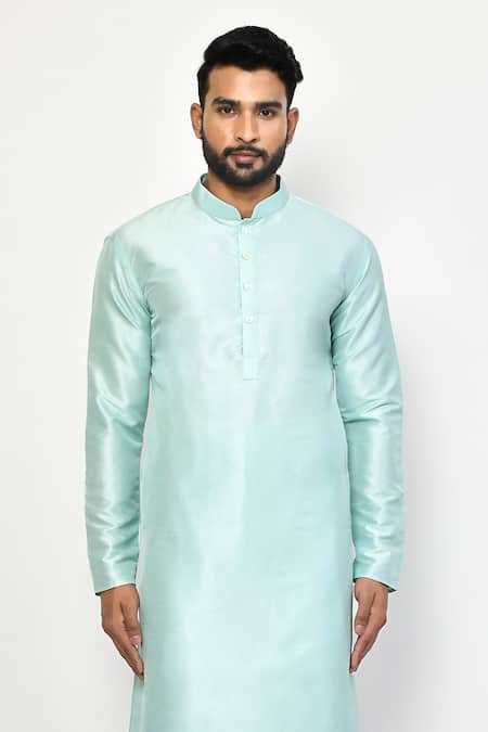 Buy_Arihant Rai Sinha_Sky Blue Silk, Cotton Mandarin Collar Plain Pastel Kurta Set _Online_at_Aza_Fashions