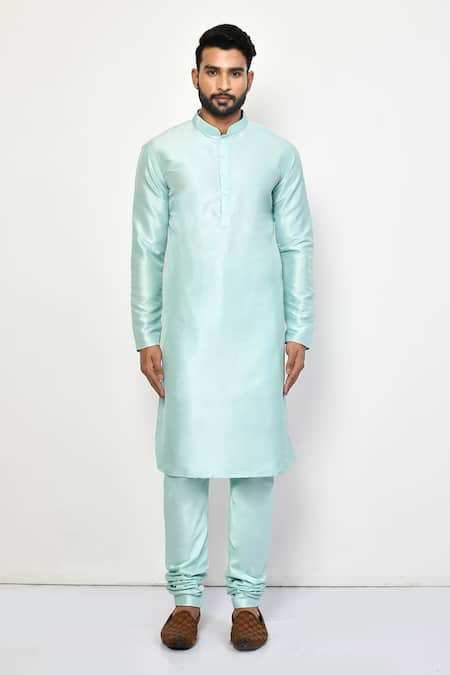 Shop_Arihant Rai Sinha_Sky Blue Silk, Cotton Mandarin Collar Plain Pastel Kurta Set _Online_at_Aza_Fashions