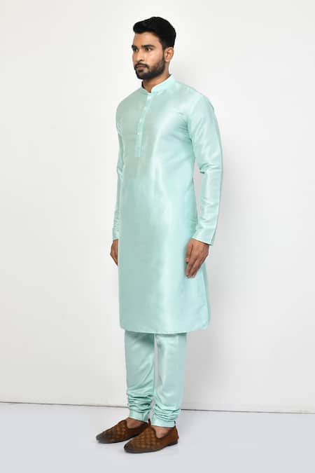 Arihant Rai Sinha_Sky Blue Silk, Cotton Mandarin Collar Plain Pastel Kurta Set _at_Aza_Fashions