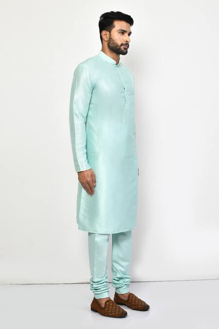 Buy_Arihant Rai Sinha_Sky Blue Silk, Cotton Mandarin Collar Plain Pastel Kurta Set 