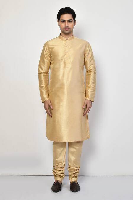 Shop_Arihant Rai Sinha_Gold Silk, Cotton Mandarin Collar Metallic Kurta Set _Online_at_Aza_Fashions