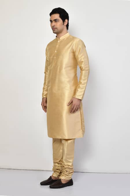 Arihant Rai Sinha_Gold Silk, Cotton Mandarin Collar Metallic Kurta Set _at_Aza_Fashions