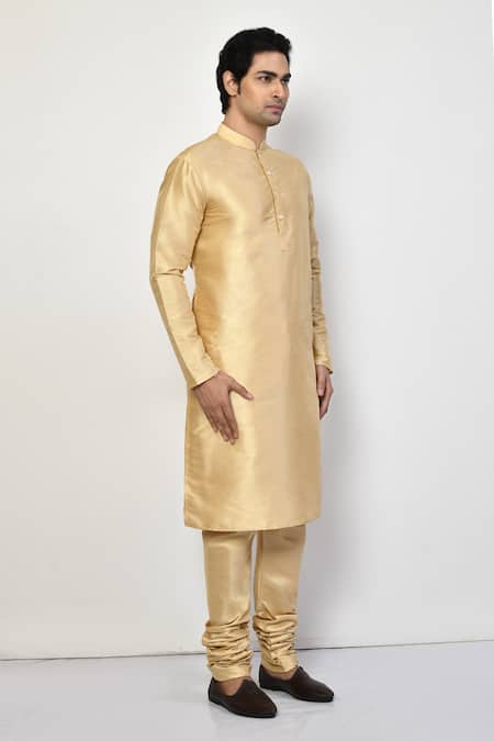 Buy_Arihant Rai Sinha_Gold Silk, Cotton Mandarin Collar Metallic Kurta Set 
