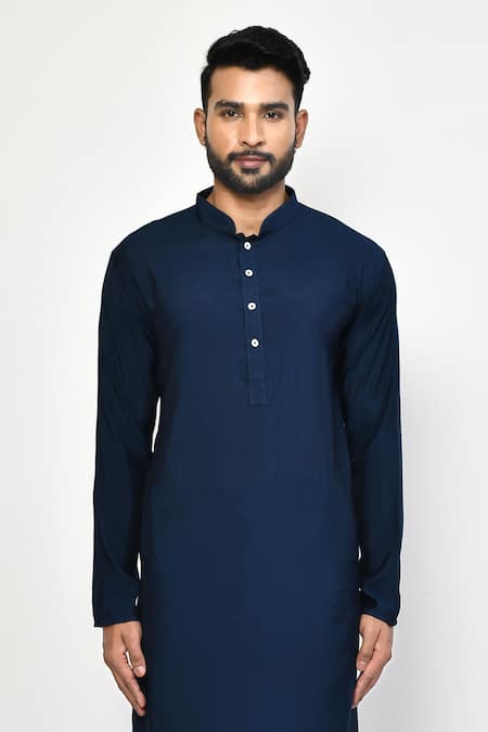 Buy_Arihant Rai Sinha_Blue Cotton Plain Straight Mandarin Collar Kurta Set _Online_at_Aza_Fashions