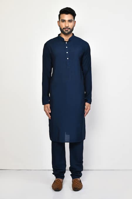 Shop_Arihant Rai Sinha_Blue Cotton Plain Straight Mandarin Collar Kurta Set _Online_at_Aza_Fashions