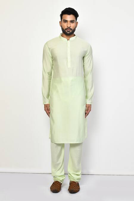 Shop_Arihant Rai Sinha_Green Cotton Plain Straight Mandarin Collar Pastel Kurta Set_Online_at_Aza_Fashions