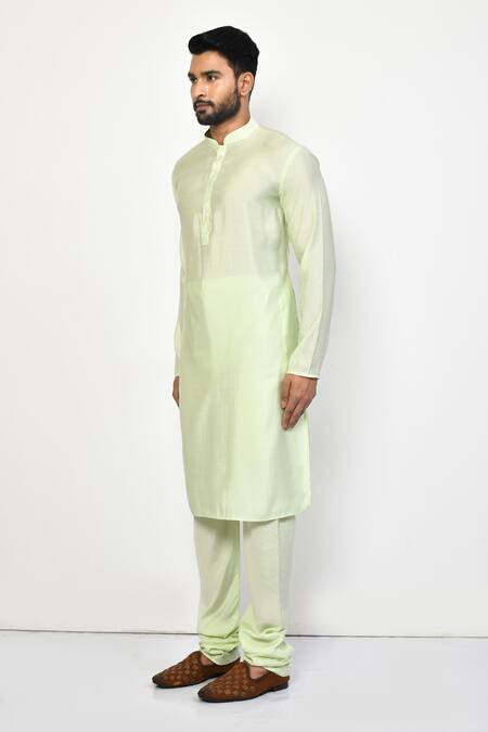 Arihant Rai Sinha_Green Cotton Plain Straight Mandarin Collar Pastel Kurta Set_at_Aza_Fashions