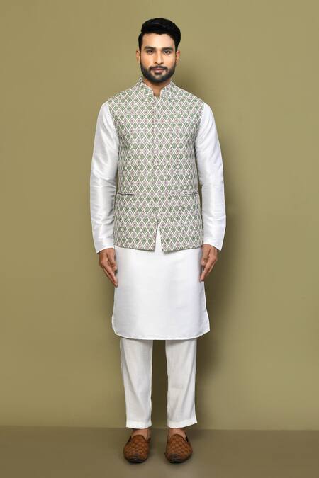 Buy_Arihant Rai Sinha_Green Cotton Blossom Motif Print Bundi Kurta Set _Online_at_Aza_Fashions