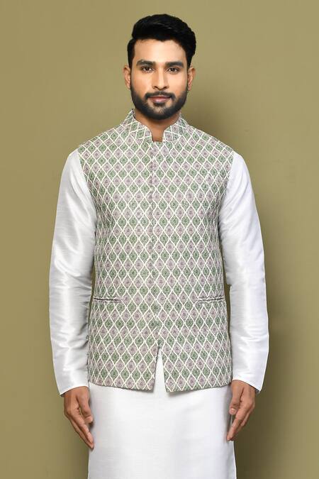Shop Arihant Rai Sinha Green Cotton Blossom Motif Print Bundi Kurta Set Online at Aza Fashions Shop_Arihant Rai Sinha_Green Cotton Blossom Motif Print Bundi Kurta Set _Online_at_Aza_Fashions