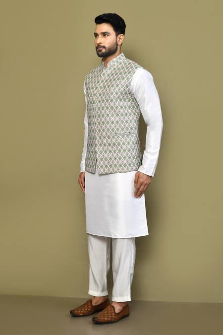 Arihant Rai Sinha_Green Cotton Blossom Motif Print Bundi Kurta Set _at_Aza_Fashions