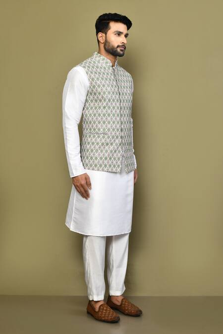 Buy_Arihant Rai Sinha_Green Cotton Blossom Motif Print Bundi Kurta Set 