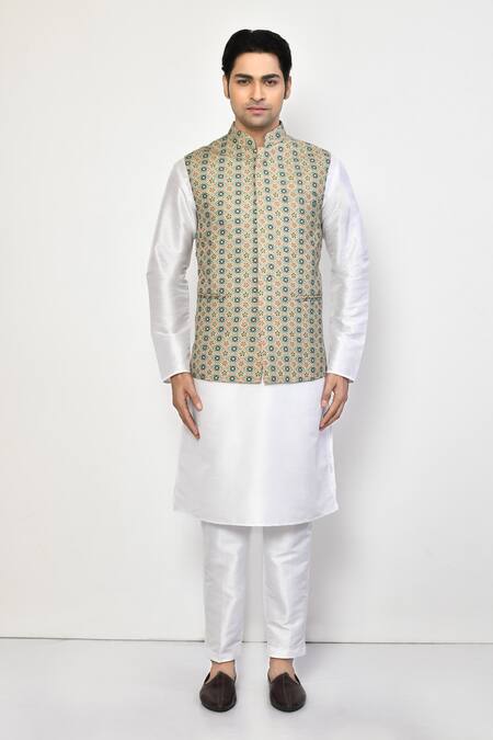 Buy_Arihant Rai Sinha_White , Satin Geometric Bloom Print Bundi Kurta Set _Online_at_Aza_Fashions