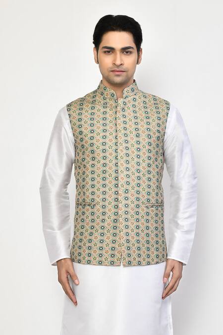 Shop Arihant Rai Sinha White , Satin Geometric Bloom Print Bundi Kurta Set Online at Aza Fashions Shop_Arihant Rai Sinha_White , Satin Geometric Bloom Print Bundi Kurta Set _Online_at_Aza_Fashions